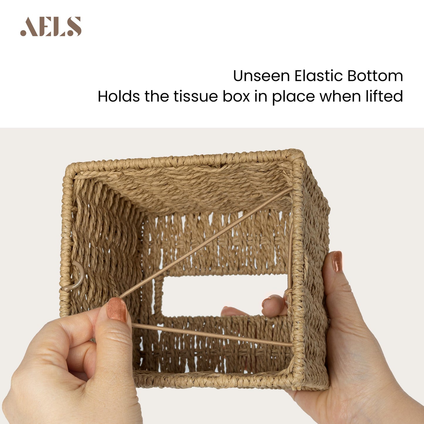 Farmhouse Tissue Box Cover Square, Hand Woven Strawpaper Facial Tissue Paper Holder, Cute Tissue Box Holder Square, Boho Bathroom Decor Box for Tissues Cube Box w/Elastic Bottom, Beige