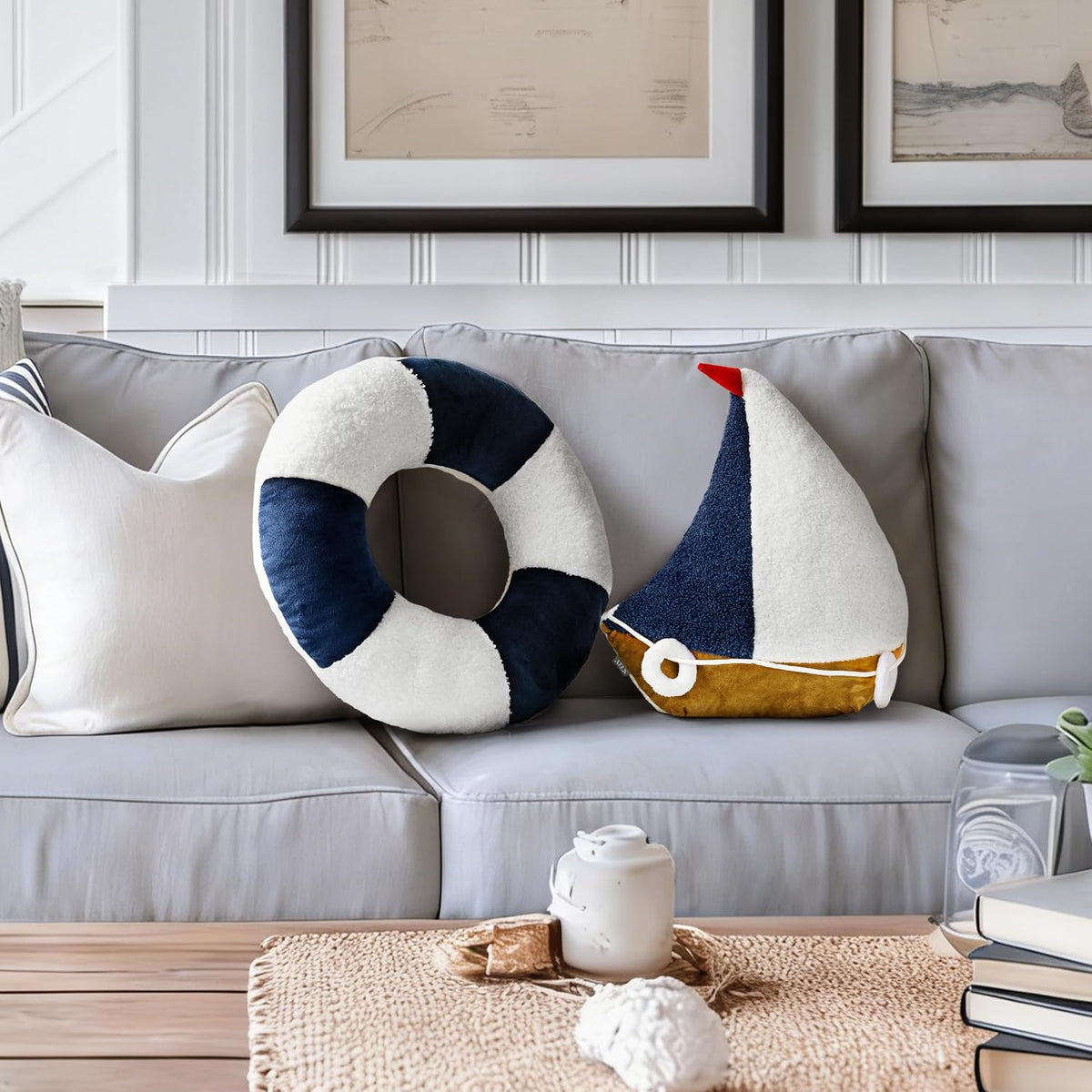 AELS Sailboat & Lifebuoy Nautical Throw Pillows Set of 2, Coastal Decor for Beach Enthusiasts Beach House, Ideal for Sofa Couch Living Room Bedroom and Nursery, Navy Blue and White