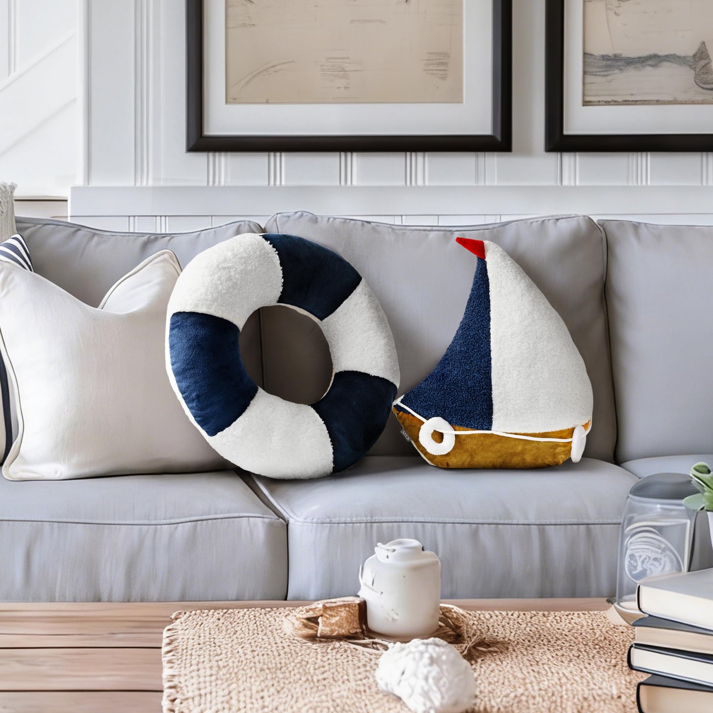 AELS 3D Anchor & Lifebuoy Nautical Decorative Throw Pillows, 19.6"& 15.7" Set of 2, Coastal Decor for Beach Enthusiasts Beach House, Sofa Couch Living Room Bedroom and Nursery, Navy Blue and White