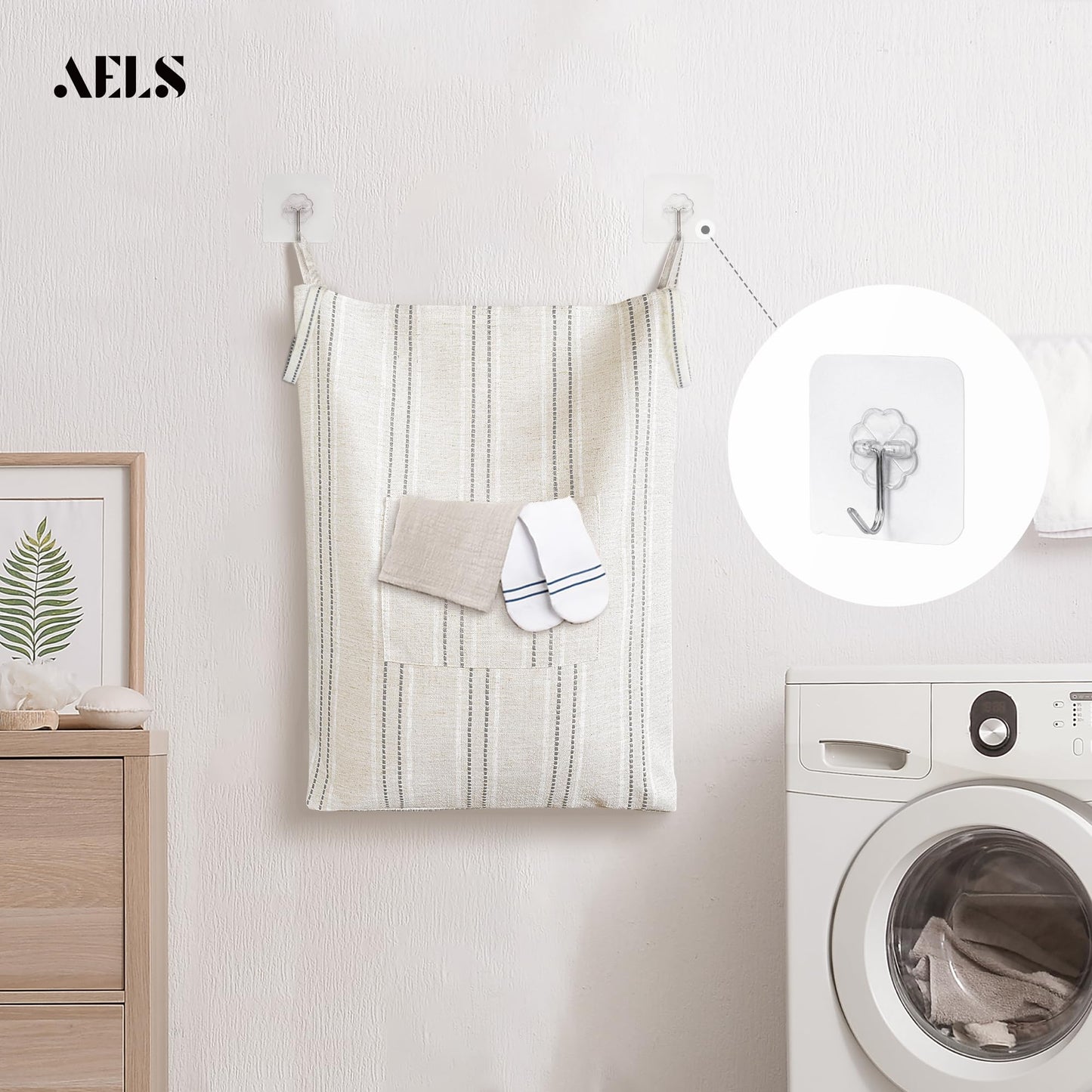 Farmhouse Hanging Laundry Hamper with 2 Hooks, Washable Beige & Stripes Laundry Bag with Zipper & Wide Open Top, Over the Door Organizer for Dirty Clothes, Space Saving Storage