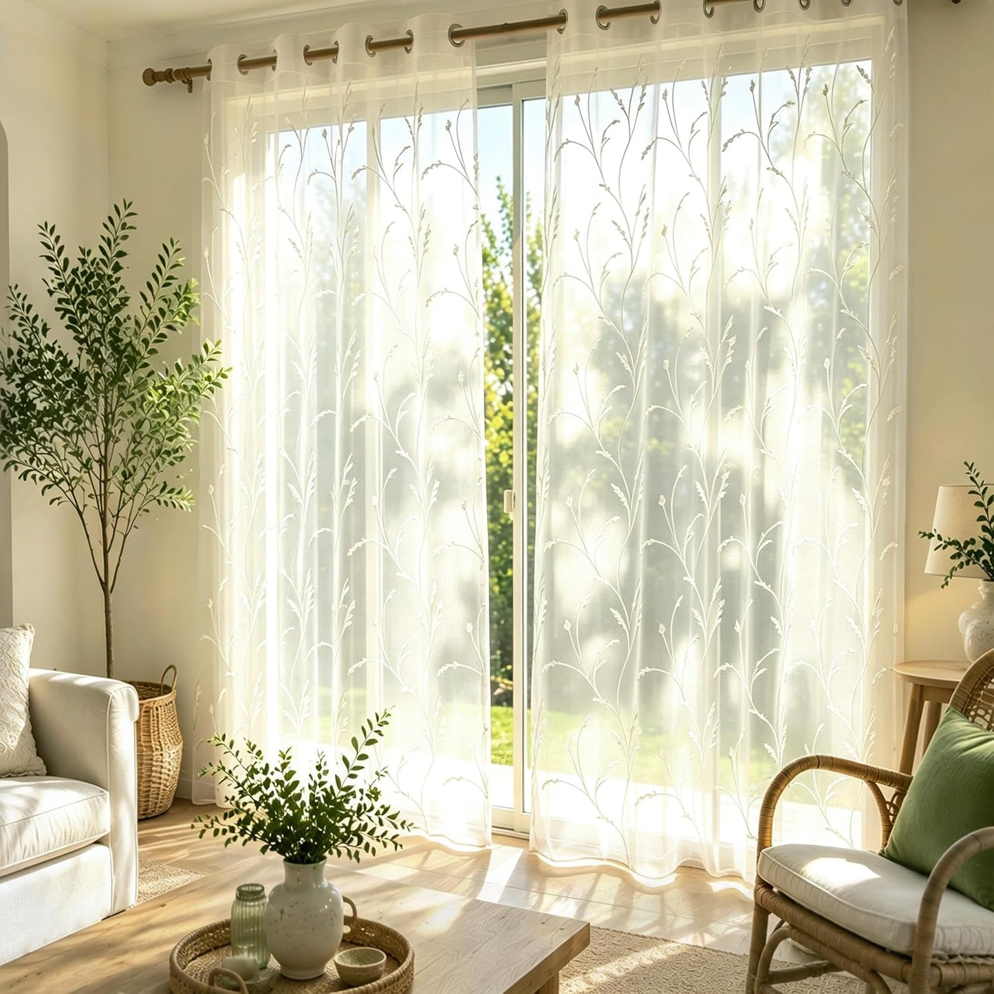 Semi White Sheer Curtains 84 Inches Long 2 Panels Set, White Stem | Embroidered Leaf Patterned Voile Window Treatments for Living Room Bedroom, Airy Light Filtering Grommet Curtains 52"W x 84"L