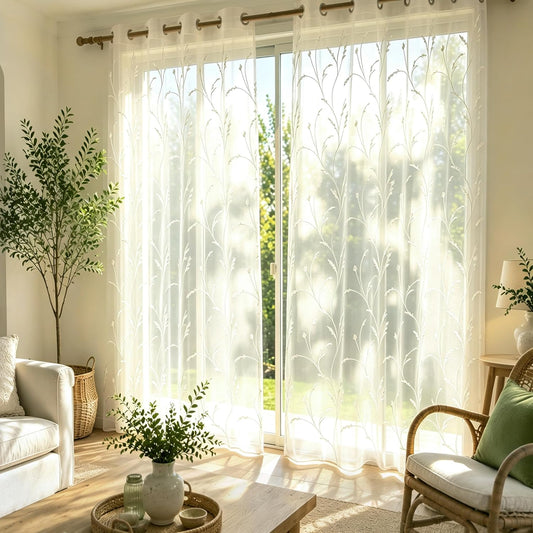 Semi White Sheer Curtains 84 Inches Long 2 Panels Set, White Stem | Embroidered Leaf Patterned Voile Window Treatments for Living Room Bedroom, Airy Light Filtering Grommet Curtains 52"W x 84"L
