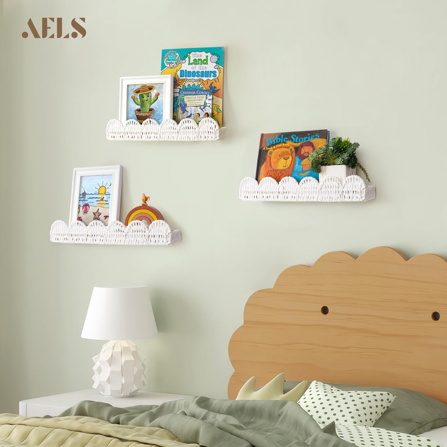 AELS Scalloped Nursery Bookshelf, Set of 2, Picture Ledge Shelf for Wall Decor, Woven Straw Paper Floating Shelves for Books, Toys, Photo Frames, Nursery, Boho Modern Farmhouse Book Shelf, Beige