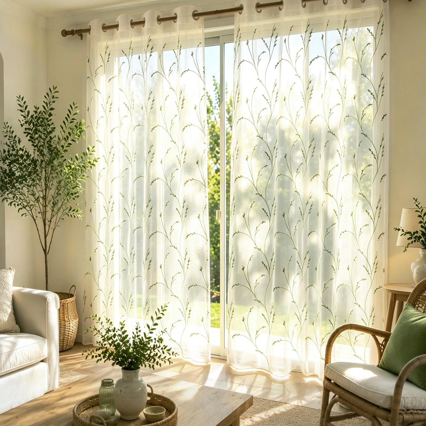 Semi White Sheer Curtains 84 Inches Long 2 Panels Set, White Stem | Embroidered Leaf Patterned Voile Window Treatments for Living Room Bedroom, Airy Light Filtering Grommet Curtains 52"W x 84"L