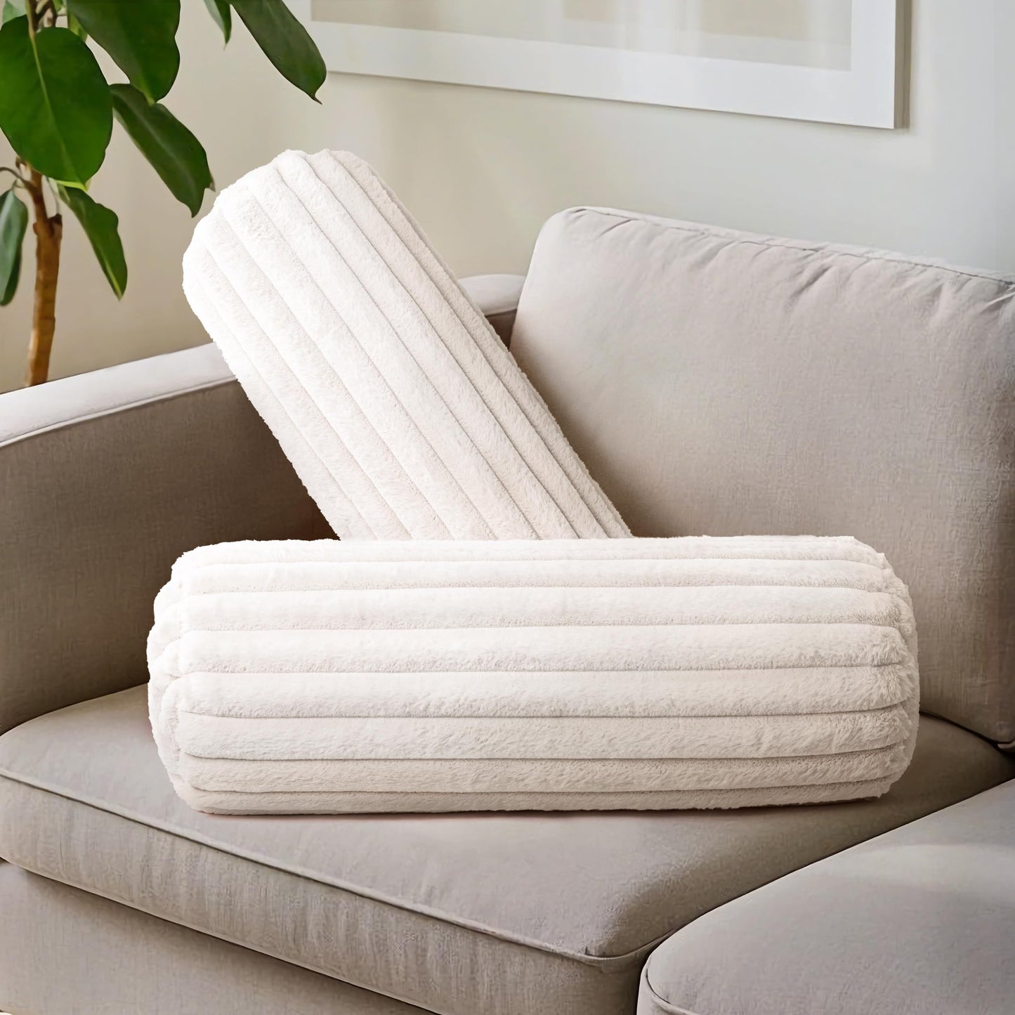 AELS Faux Fur Striped Cylinder Pillows, 8" x 24" Decorative Modern Bolster Pillows with Removable Washable Cover and Insert, Body Pillow for Couch and Bed, Living Room Bedroom Nursery Decor, White