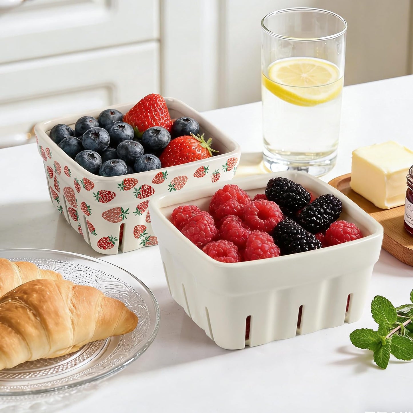 Ceramic Berry Basket, 5.9" Large Size Container for Fruit & Vegetables, Farmhouse Fruit Bowl, Strawberry Decor, Farmers Market, White Pink and Cute Strawberry Pattern, Stoneware Harvest Bowls for