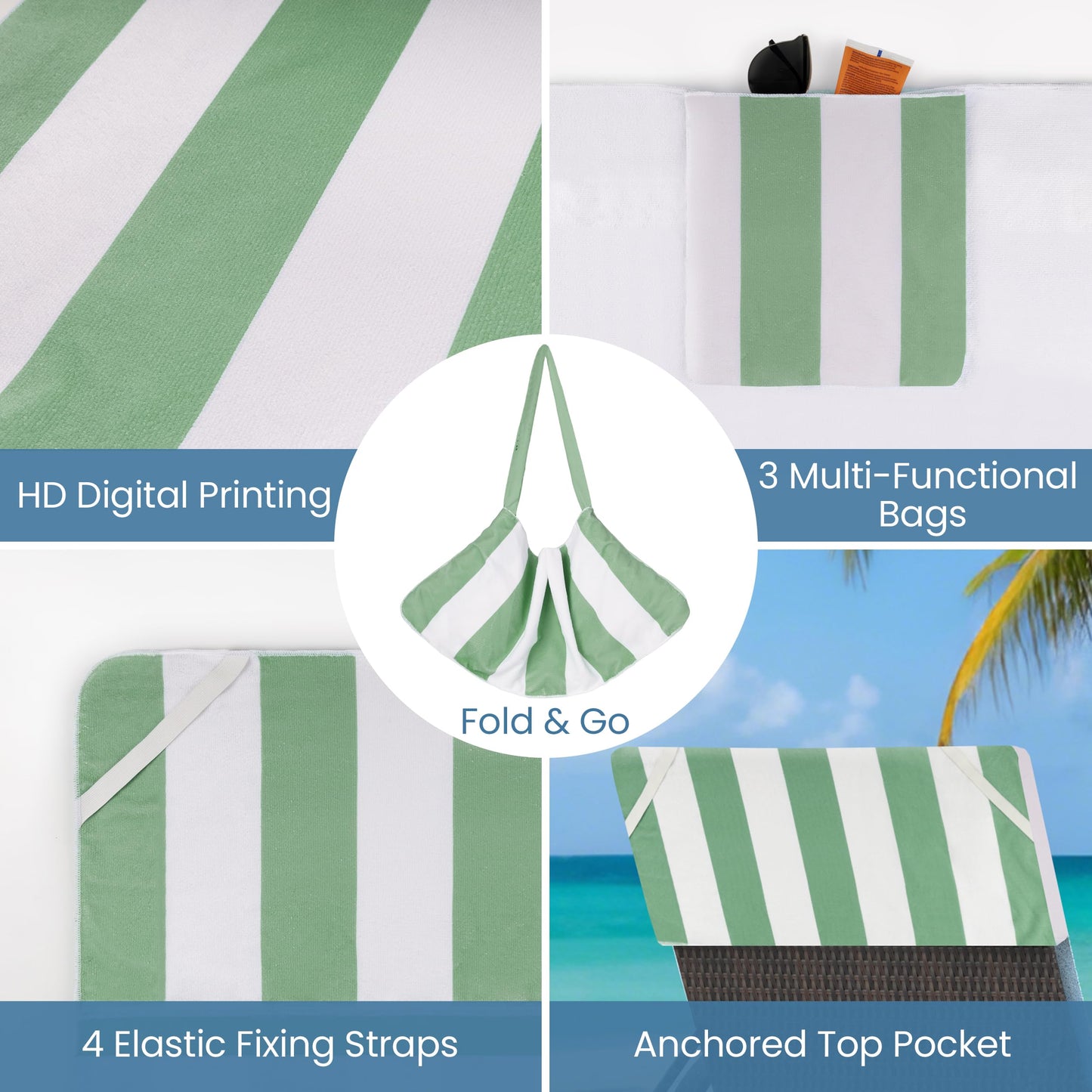 Lounge Chair Towel Cover, Pack of 2 - Microfiber Beach Towels with Pockets, Fits Outdoor Garden Beach Hotel Pool Chairs, Non-Slip & Portable Design, 85" X 30", Ombre Blue Stripes