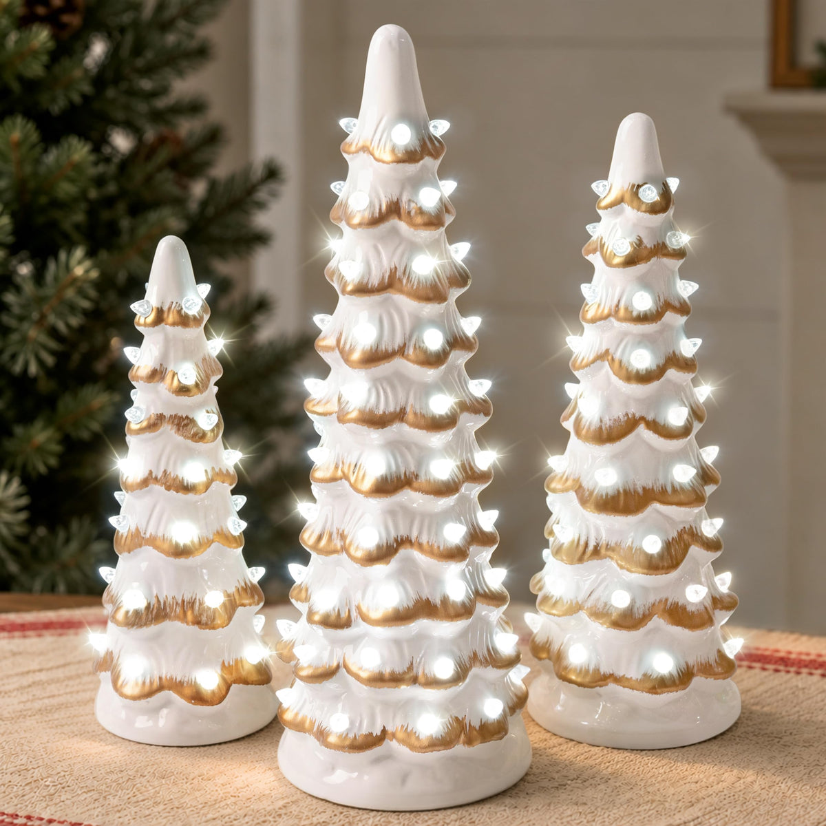 AELS Cordless Lighted Ceramic Christmas Tree Set of 3 Pre-Lit Green