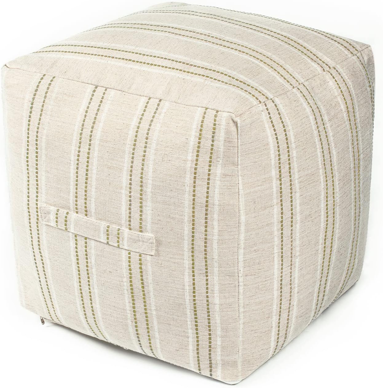 Unstuffed Farmhouse Pouf Cover for Living Room, Boho Storage Bean Bag Cubes, Beige with Brown Stitch Yarn Dyed Stripe Square Ottoman Pouf Foot Rest Footstool, 18"x18"x18", Cover ONLY