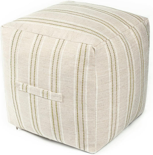 Unstuffed Farmhouse Pouf Cover for Living Room, Boho Storage Bean Bag Cubes, Beige with Brown Stitch Yarn Dyed Stripe Square Ottoman Pouf Foot Rest Footstool, 18"x18"x18", Cover ONLY