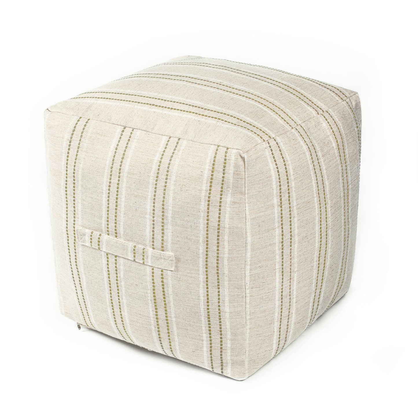AELS Unstuffed Farmhouse Pouf Cover for Living Room, Boho Storage Bean Bag Cubes, Beige with Brown Stitch Yarn Dyed Stripe Square Ottoman Pouf Foot Rest Footstool, 18"x18"x18", Cover ONLY