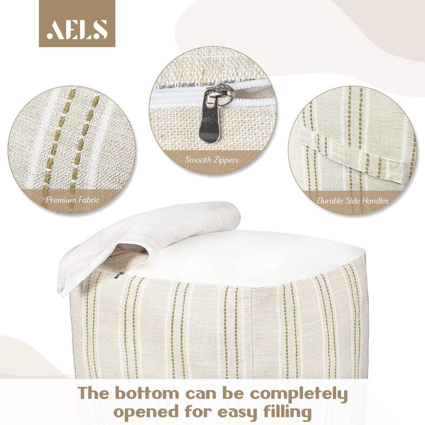 Unstuffed Farmhouse Pouf Cover for Living Room, Boho Storage Bean Bag Cubes, Beige with Brown Stitch Yarn Dyed Stripe Square Ottoman Pouf Foot Rest Footstool, 18"x18"x18", Cover ONLY