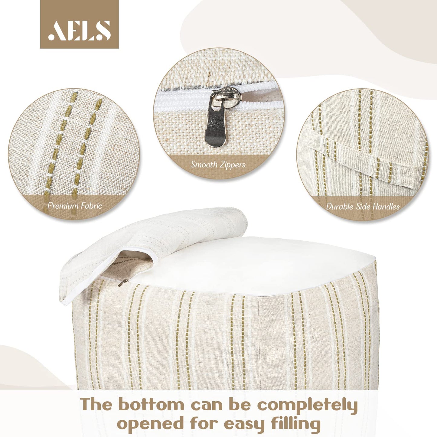 AELS Unstuffed Farmhouse Pouf Cover for Living Room, Boho Storage Bean Bag Cubes, Beige with Brown Stitch Yarn Dyed Stripe Square Ottoman Pouf Foot Rest Footstool, 18"x18"x18", Cover ONLY
