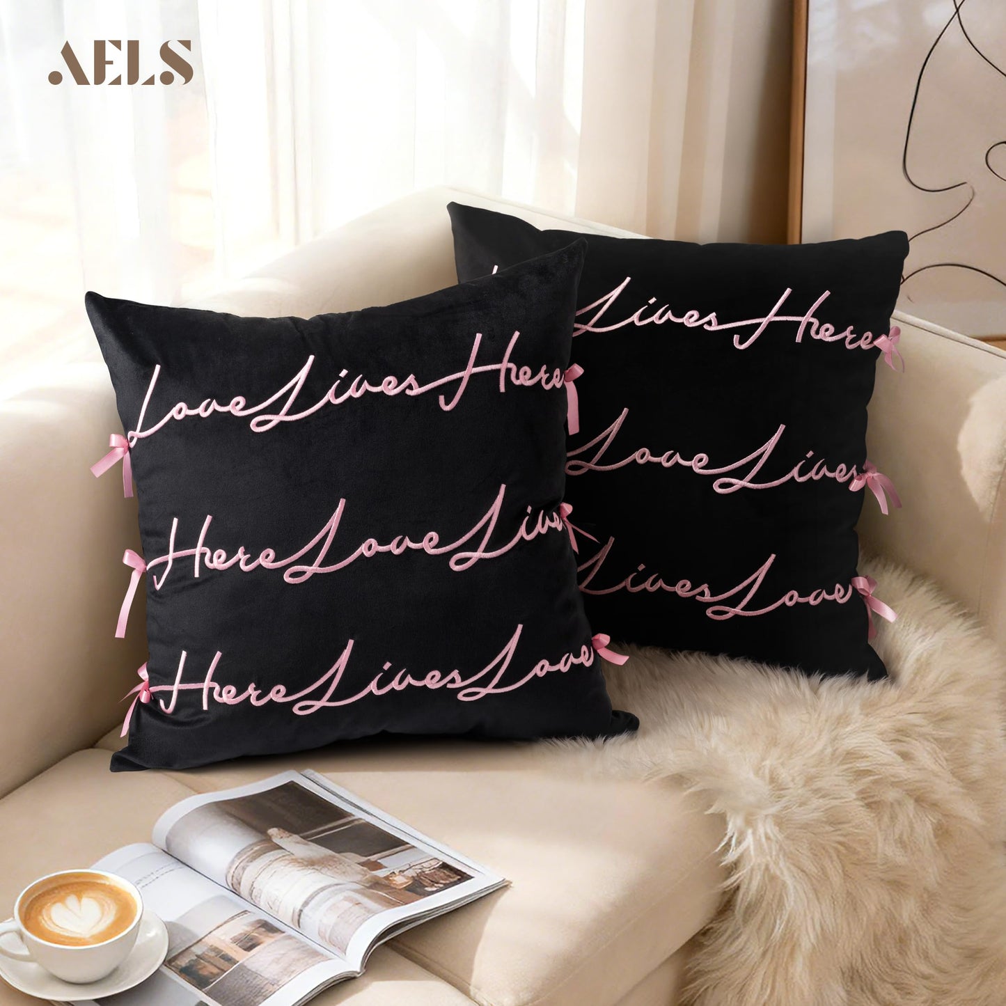 Bow Pillow Cover, Text Design Velvet Bowknot Decorative Pillow Covers for Valentine's Day, Wedding, Christmas, Living Room, Bedroom, Nursery Decor, 18x18 Inch, Love Lives Here, Pink Cream White