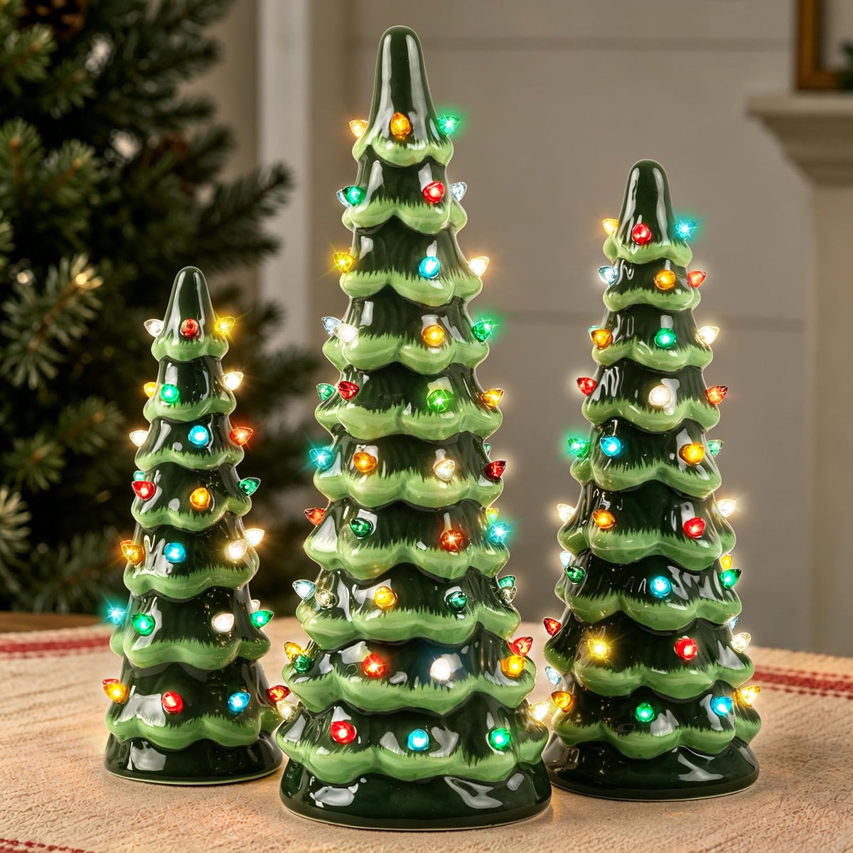 AELS Cordless Lighted Ceramic Christmas Tree Set of 3 Pre-Lit Green