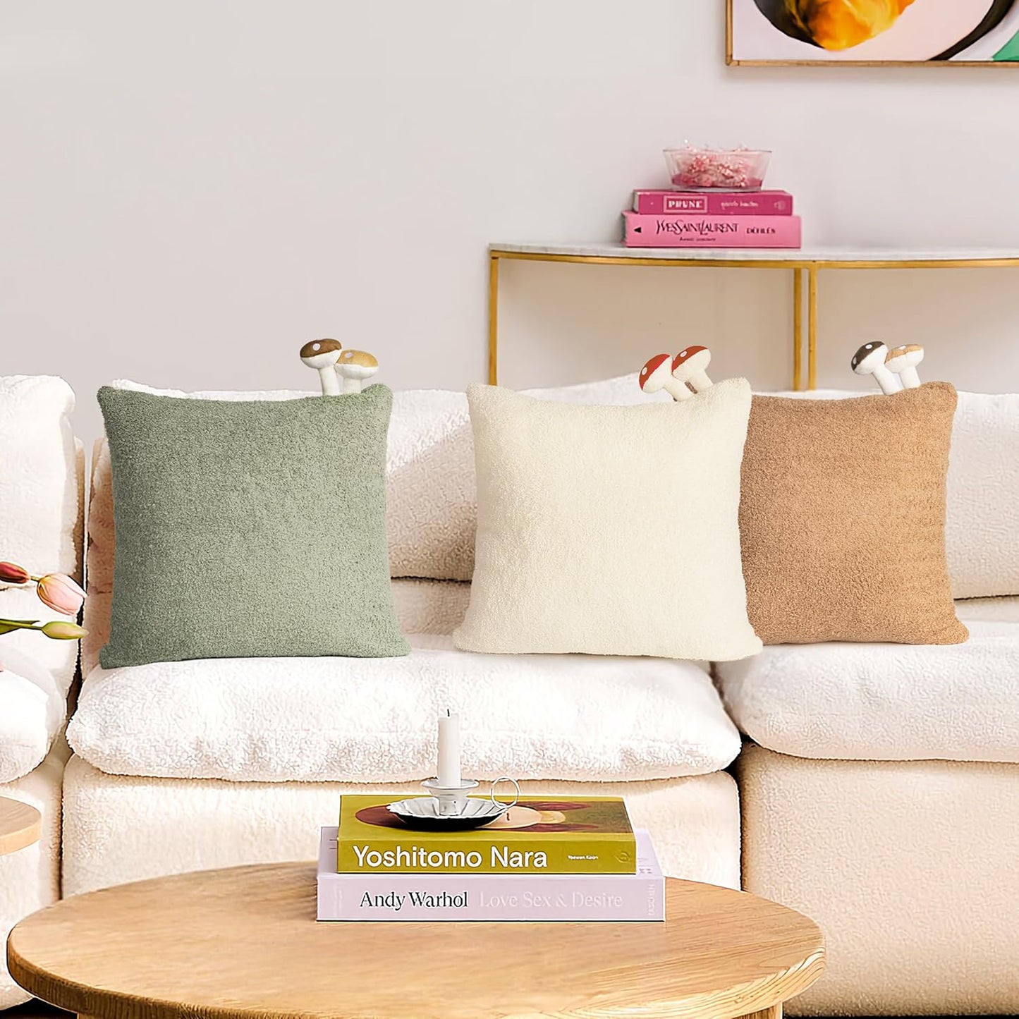 AELS Modern Farmhouse Decorative Mushroom Pillow Covers 18x18 with Two Small Mushrooms Plush Sewed in, Cozy Plush Cushion Case for Bed Couch Sofa, Brown