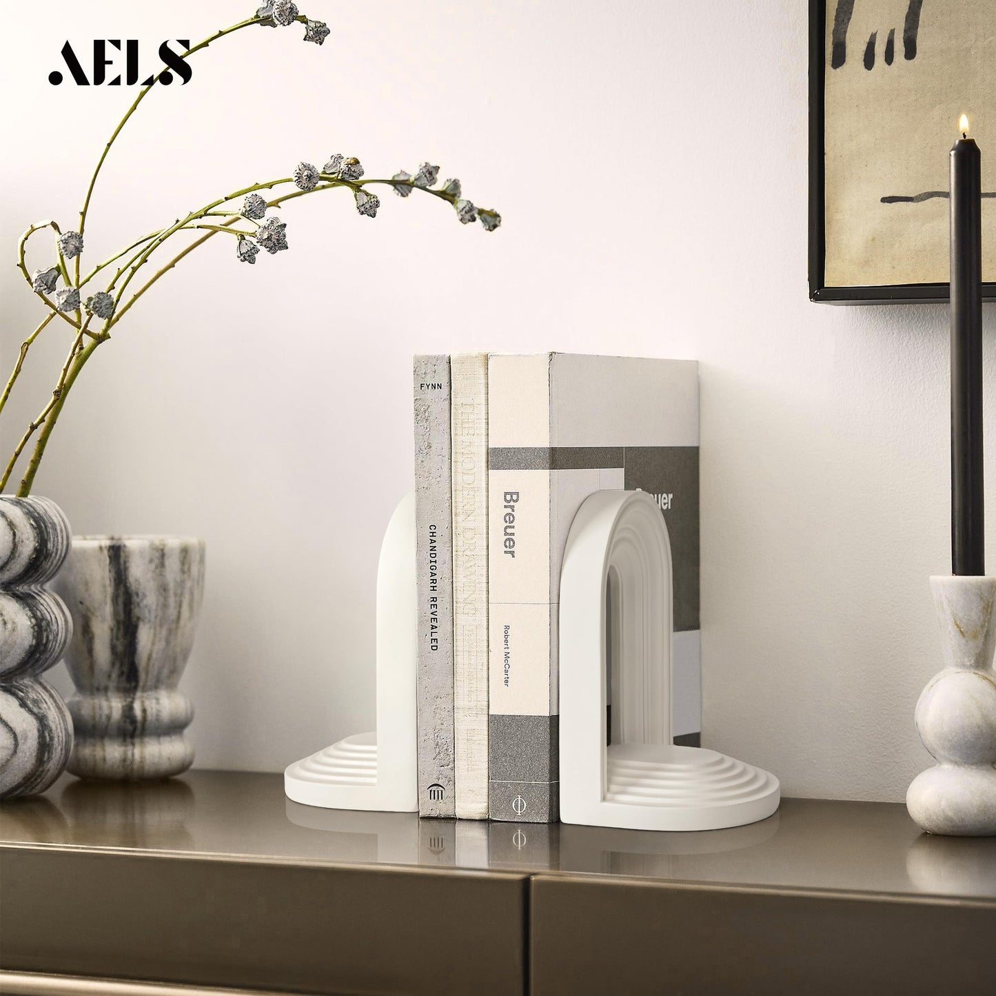 AELS Mordern Bookends, Mid Century Arch Heavy Duty Book Ends, Unique Decorative Bookend Supports for Shelves, Office Desktop Book Stand, Stopper for Books/Movies/CD, Cream