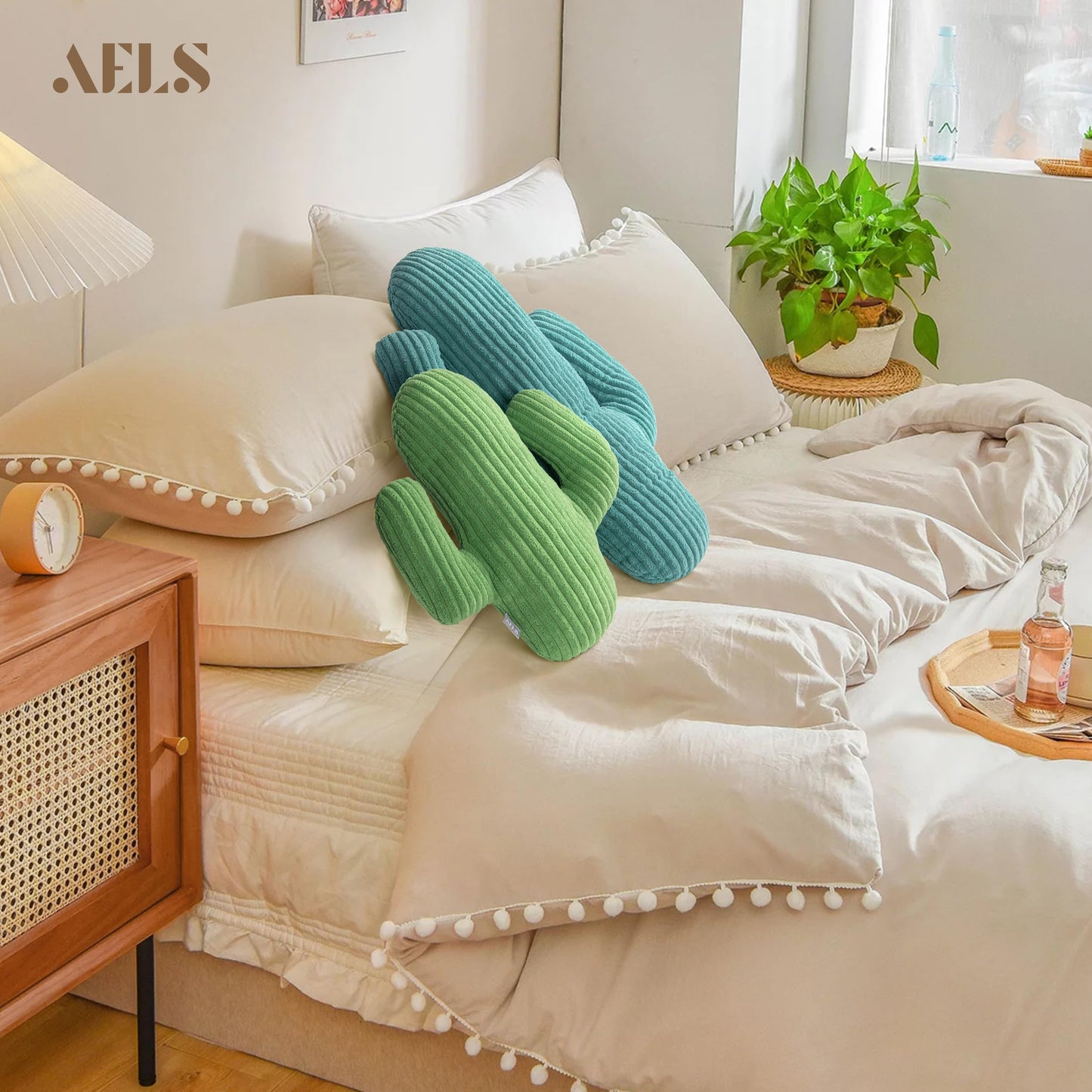 AELS Set of 2 Cactus Decorative Throw Pillows, 22"& 14" Cactus Plush Pillow Set, 3D Office Nap Pillow, Cute Succulent Throw Pillow for Nursery Bedroom Room Decor, Blue Green & Sage Green