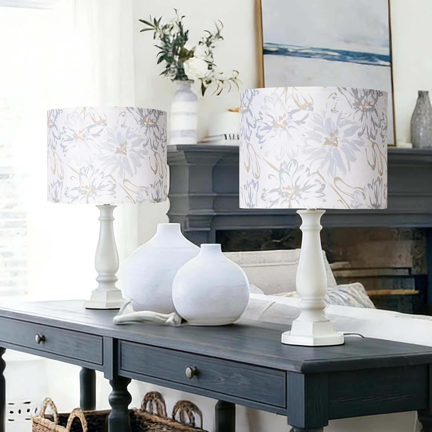 Boho Lamp Shades Set of 2, Floral Fabric Drum Lampshades for Table or Floor Lamps, 13x13x10 Medium Size (Spider Fitter), Easy Assembly Required