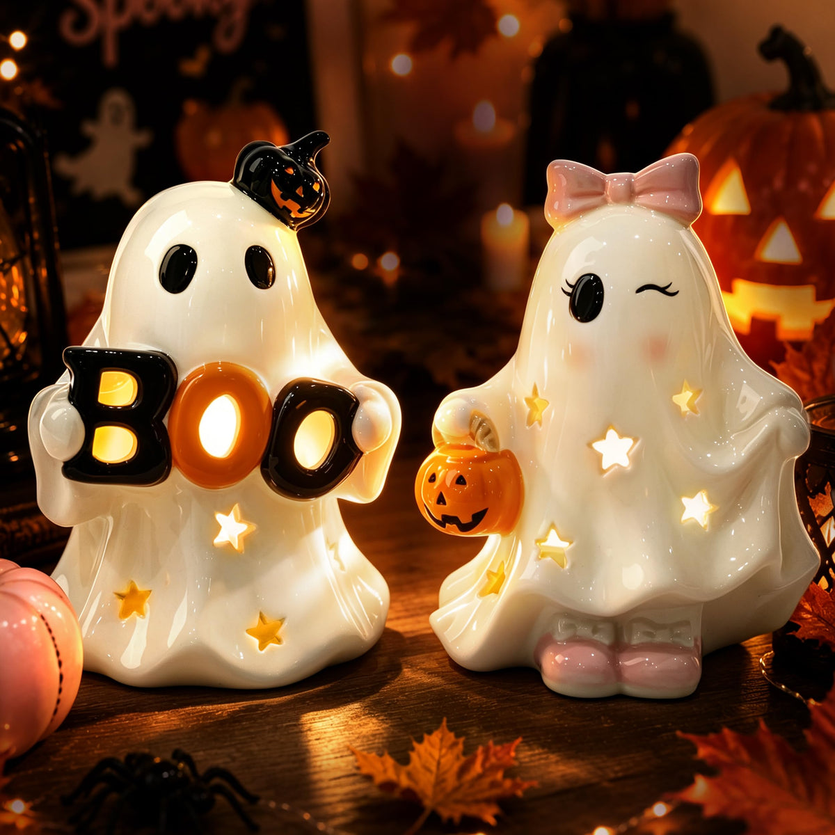 AELS Ceramic Ghost Candle Holder Set of 3, Halloween Tea Light Decor