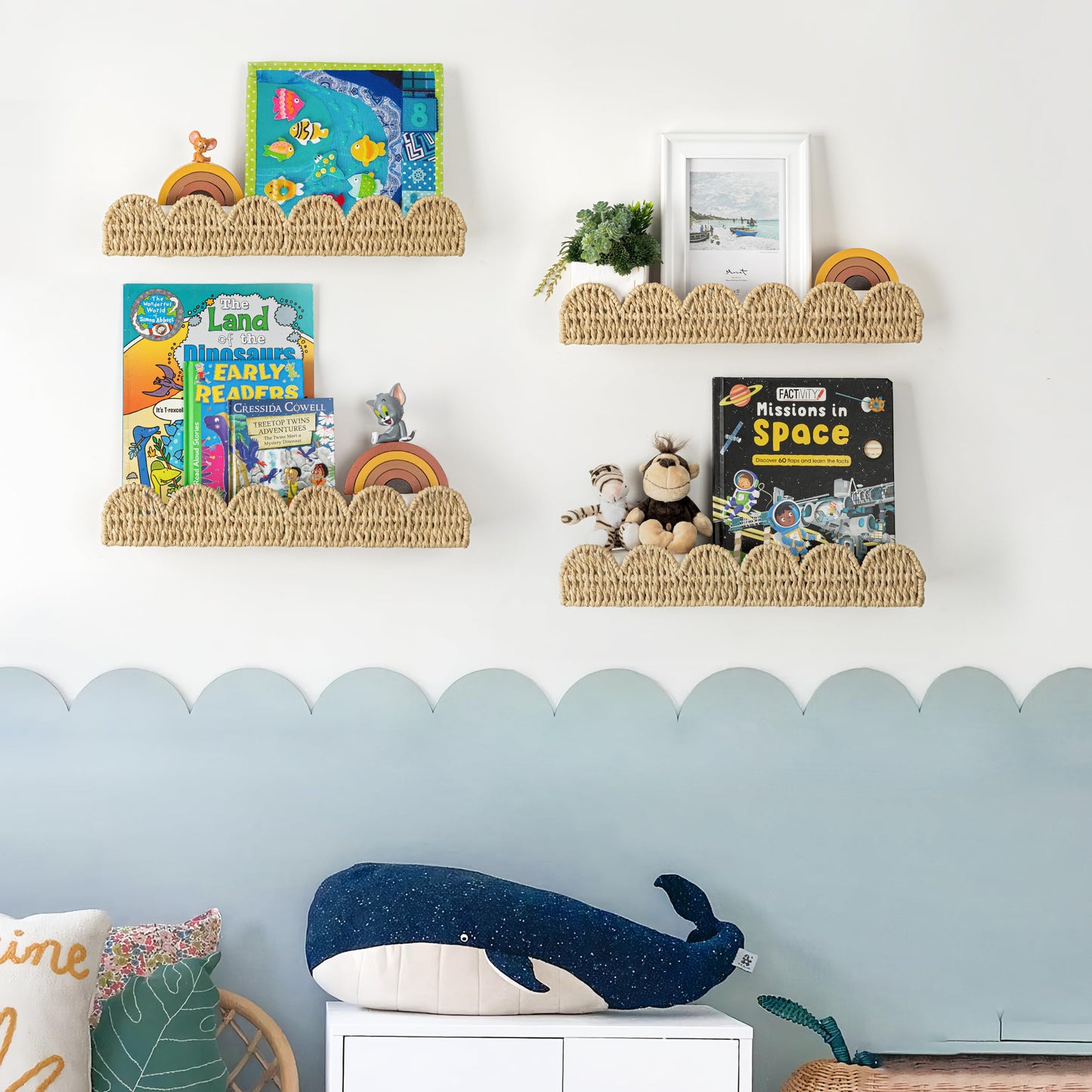 Scalloped Nursery Bookshelf, Set of 2, Picture Ledge Shelf for Wall Decor, Woven Straw Paper Floating Shelves for Books, Toys, Photo Frames, Nursery, Boho Modern Farmhouse Book Shelf, Beige