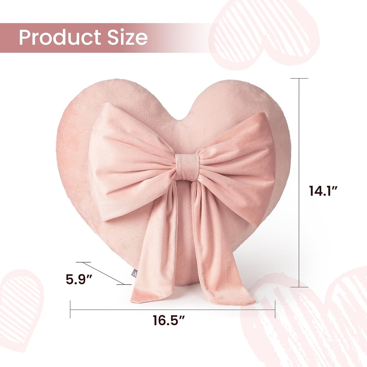 AELS Heart Shaped Pillow with Bow, 16.5 Inches Heart Decorative Throw Pillows, Cute Valentines Day Decorations, Wedding Decor, Living Room Bedroom Nursery Decor, Pink