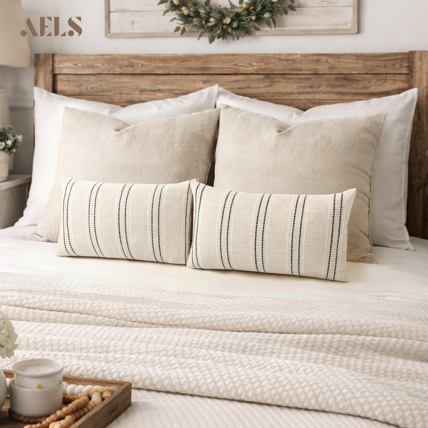 AELS 12x20 Decorative Farmhouse Linen Blend Throw Pillow Covers, Boho Textured Pillow Case, Set of 2, Beige with White & Brown Stitch Yarn Dyed Stripe Cushion Cover for Sofa Living Room (Cover ONLY)