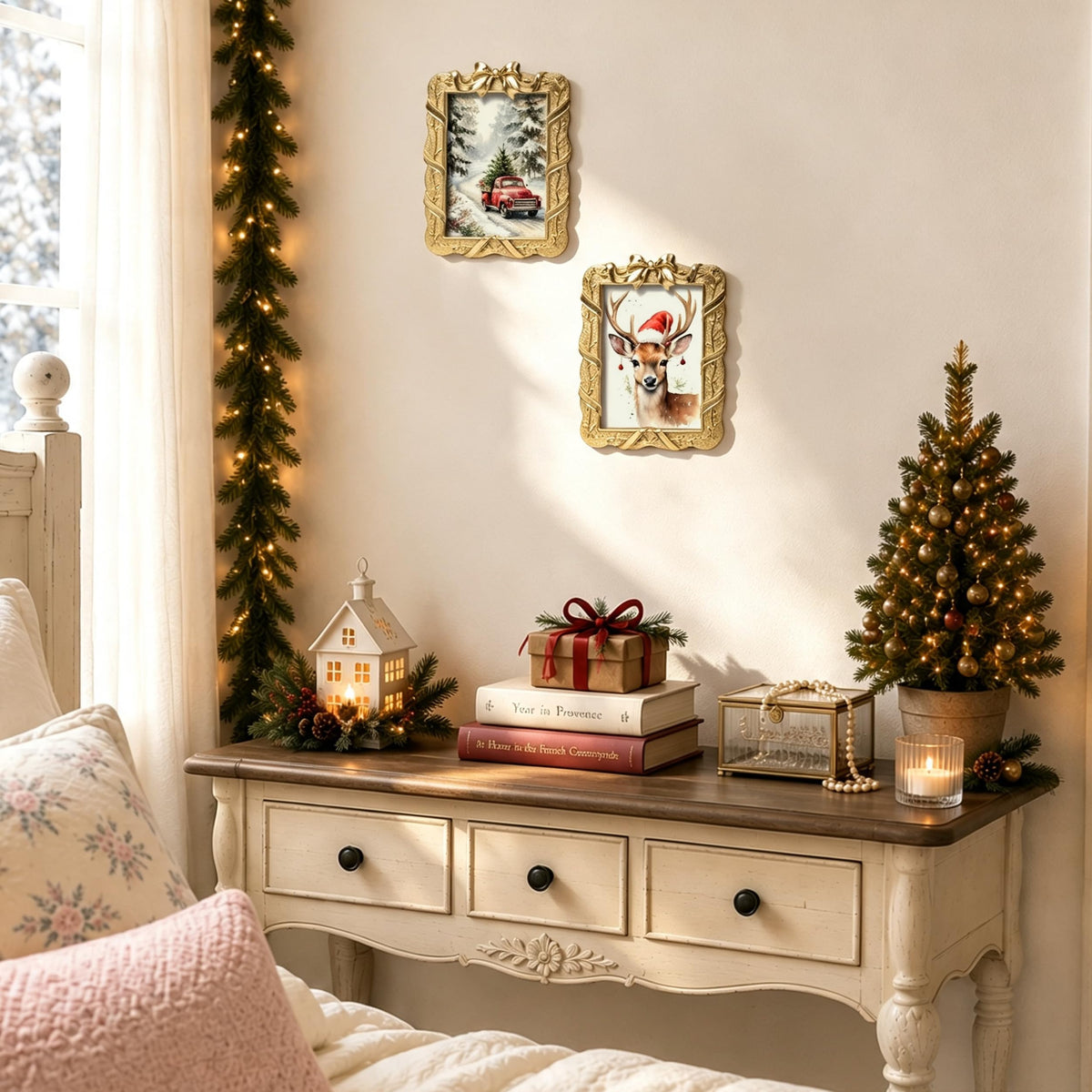 AELS 4x6 Inch Vintage Christmas Tree Picture Frames White Gold Bow