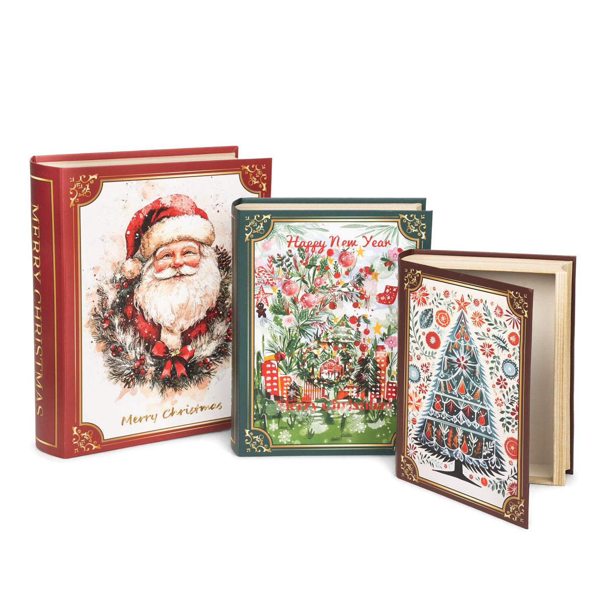 AELS 3 Pcs Christmas Decorative Books for Home Decor with Hidden Storage, Stackable Faux Book Boxes for Coffee Table Bookshelf, Hardcover Classic Xmas Mantel & Shelf Decor (8", 7", 6")