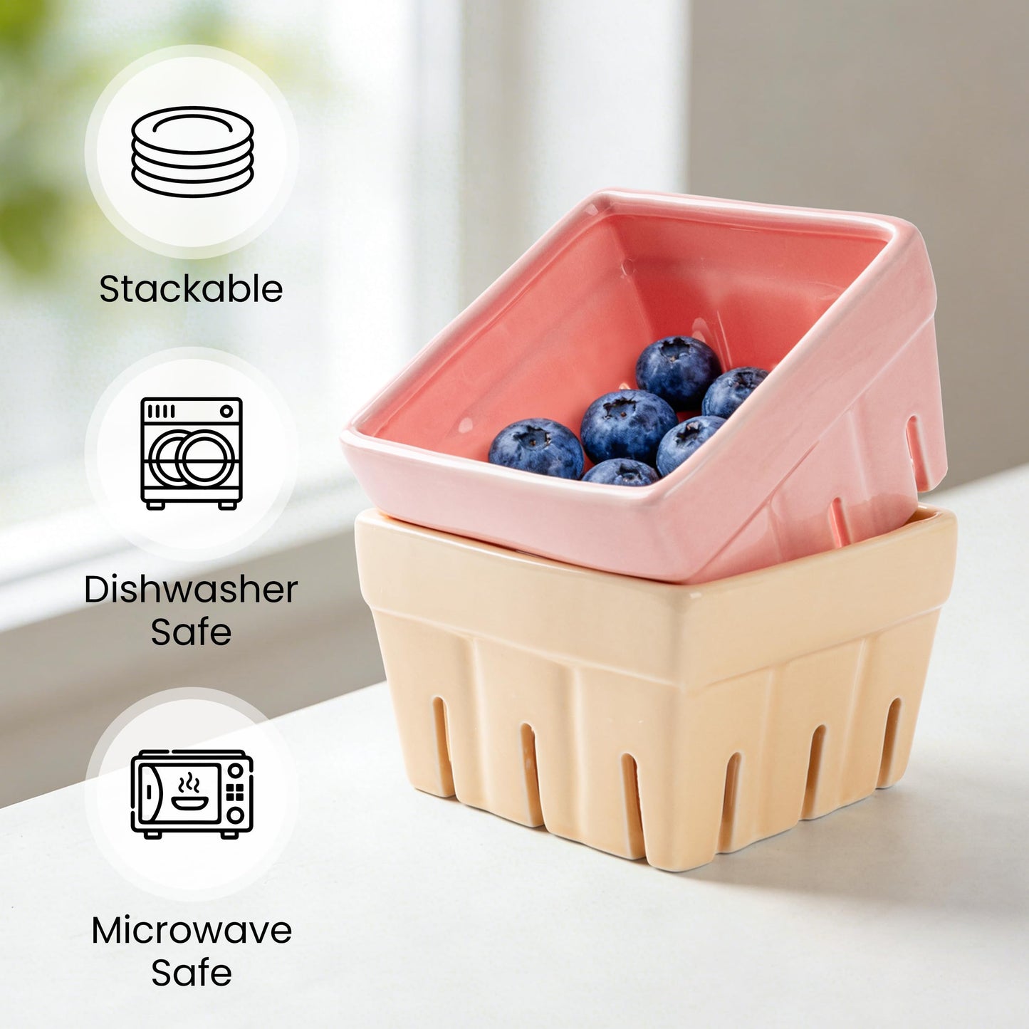 AELS Ceramic Berry Basket, Farmhouse Fruit Bowl Container for Fruit & Vegetables, Farmers Market, Kitchen Decor, Stoneware Harvest Bowls, Set of 4, Navy Blueberry