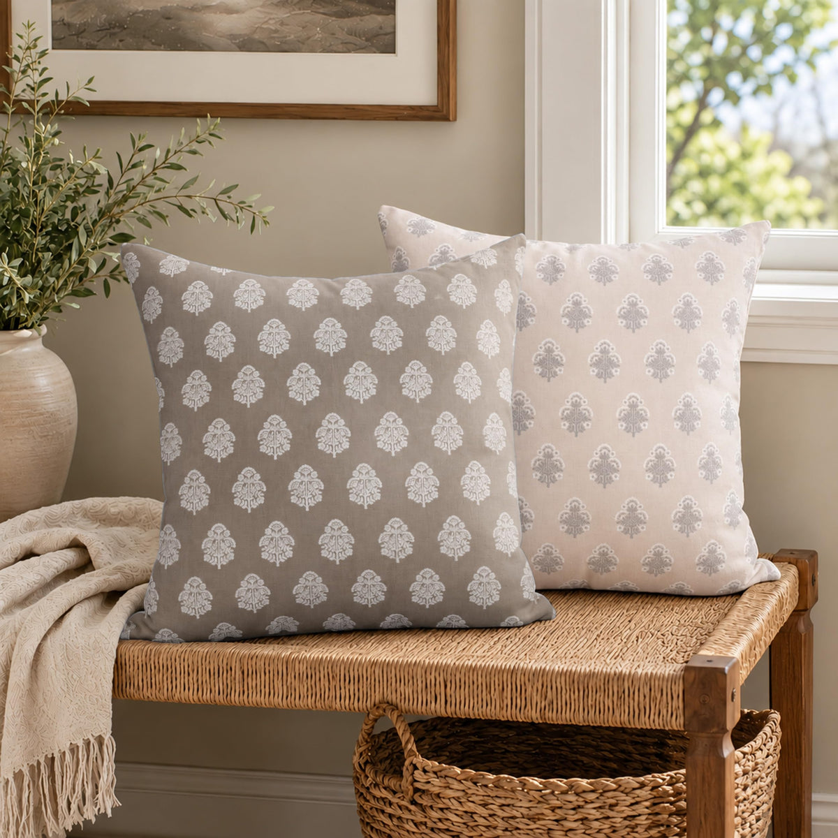 AELS 18x18 Decorative Farmhouse Throw Pillow Covers, Boho Floral Block Print Pillow Covers, Set of 2, Slate Blue Botanical Cushion Covers for Sofa Couch Bed Living Room Bedroom, Cover Only