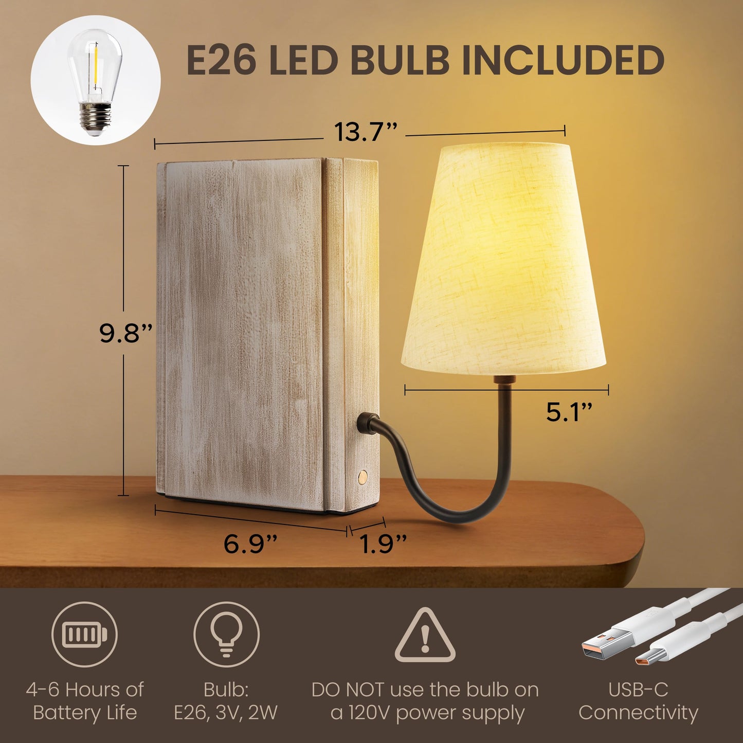 AELS Wooden Bookshelf Lamp with Bulb, Cordless Touch Dimmable Table Lamp with Linen Fabric Shade, Battery Operated, Modern Decorative Bookend, Book Sconce for Office Home Bedroom Bookshelf, Natural