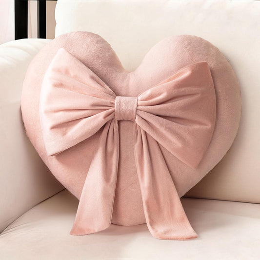 AELS Heart Shaped Pillow with Bow, 16.5 Inches Heart Decorative Throw Pillows, Cute Valentines Day Decorations, Wedding Decor, Living Room Bedroom Nursery Decor, Pink