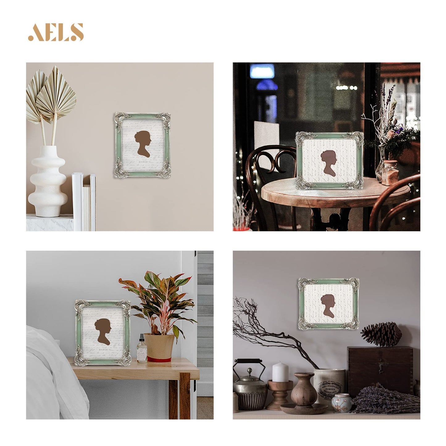 AELS 5x7 Inch Vintage Picture Frame, Elegant Antique Photo Frames with Glass Front, Photo Display, Tabletop Wall Hanging, Gift Ideas, Silver and Green