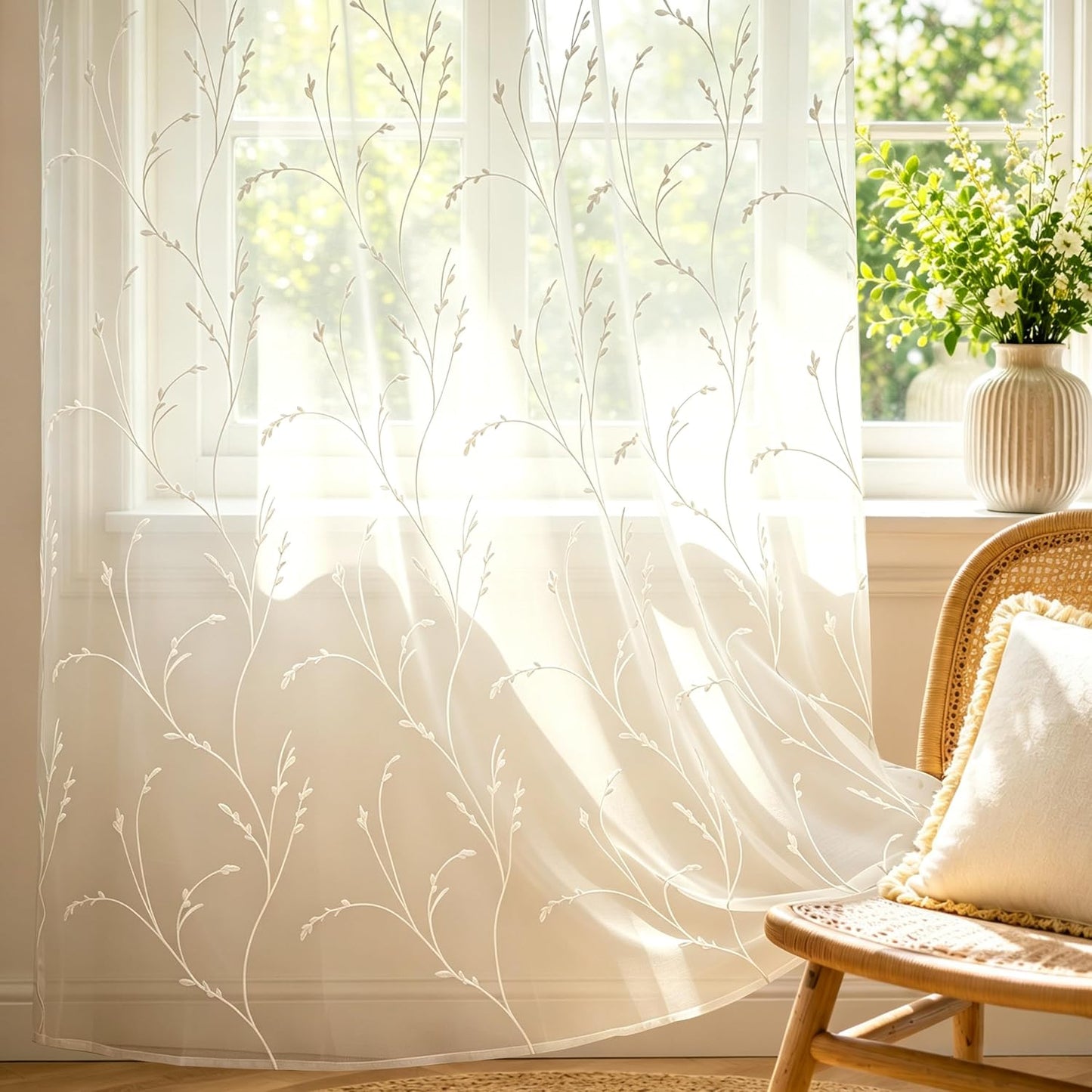 Semi White Sheer Curtains 84 Inches Long 2 Panels Set, White Stem | Embroidered Leaf Patterned Voile Window Treatments for Living Room Bedroom, Airy Light Filtering Grommet Curtains 52"W x 84"L