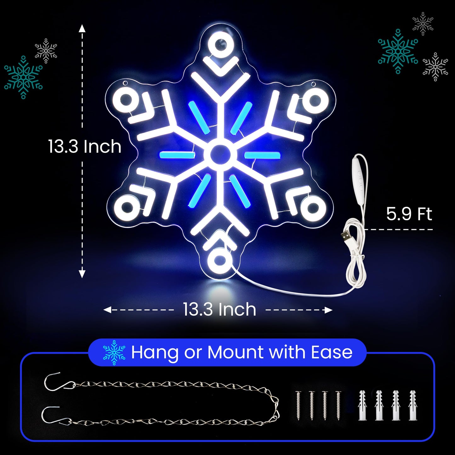 AELS 13.3" Snowflake Christmas LED Neon Sign, Dimmable USB Powered Holiday Decor for Window Wall Tree Bar & Party, Christmas Home Decor