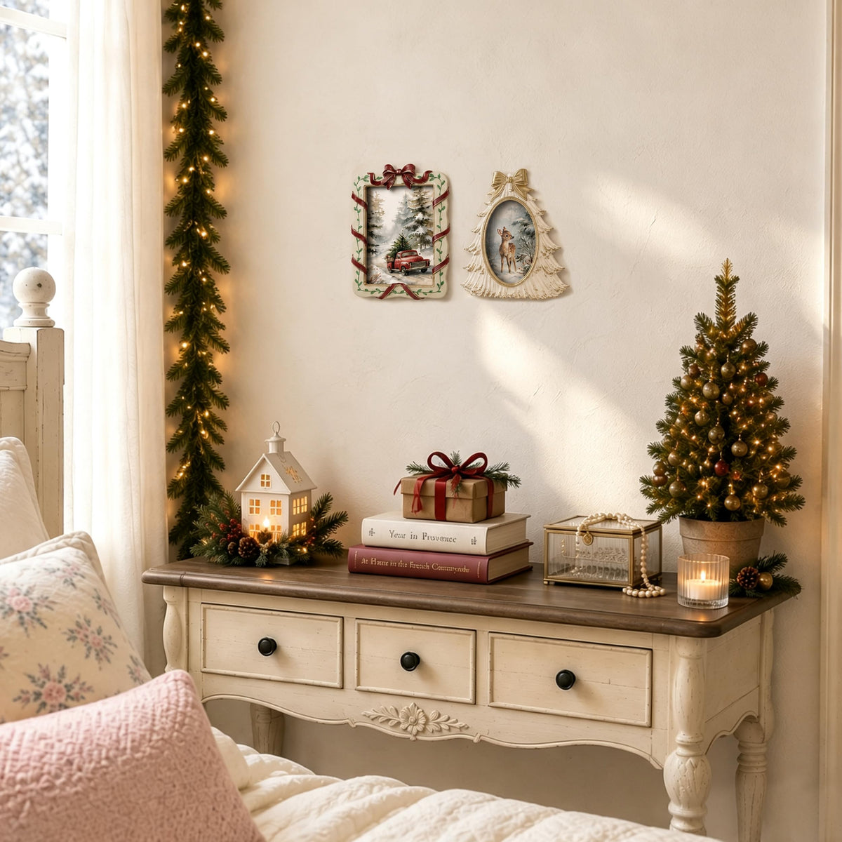 AELS 4x6 Inch Vintage Christmas Tree Picture Frames White Gold Bow