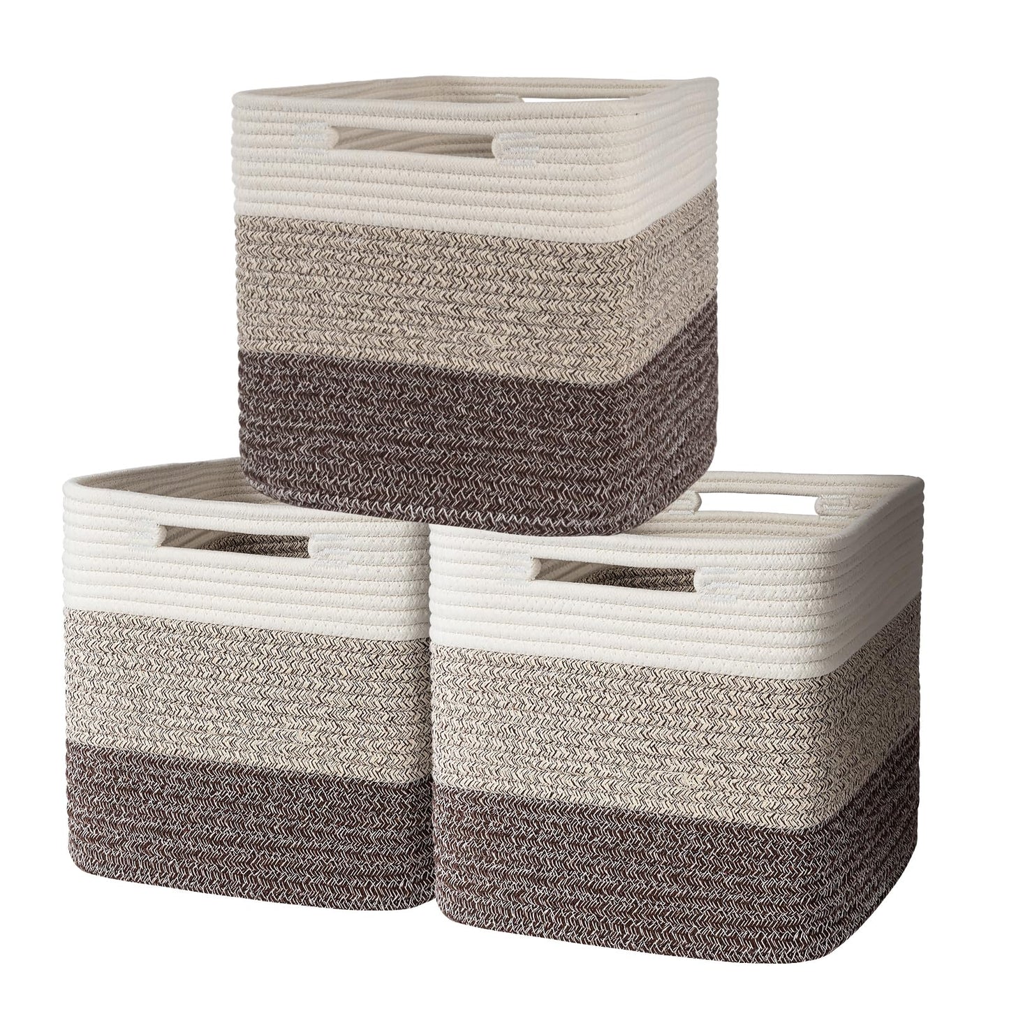 Hand Woven Cotton Basket for Storage, Cube Storage Bins with Handles, Foldable Collapsible Closet Organizers and Storage, Boho Farmhouse Storage Cubes for Shelves, Beige