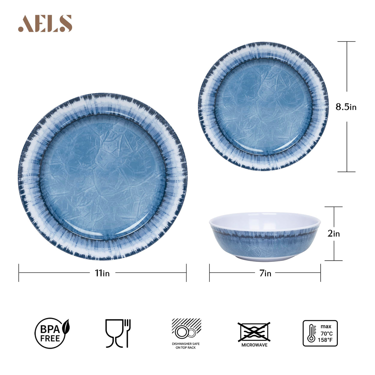 AELS Melamine Dinnerware Set of 18 Pcs Dinner Dishes Set, Lightweight Unbreakable for Indoor and Outdoor Use, BPA Free, Dishwasher Safe, Light Blue