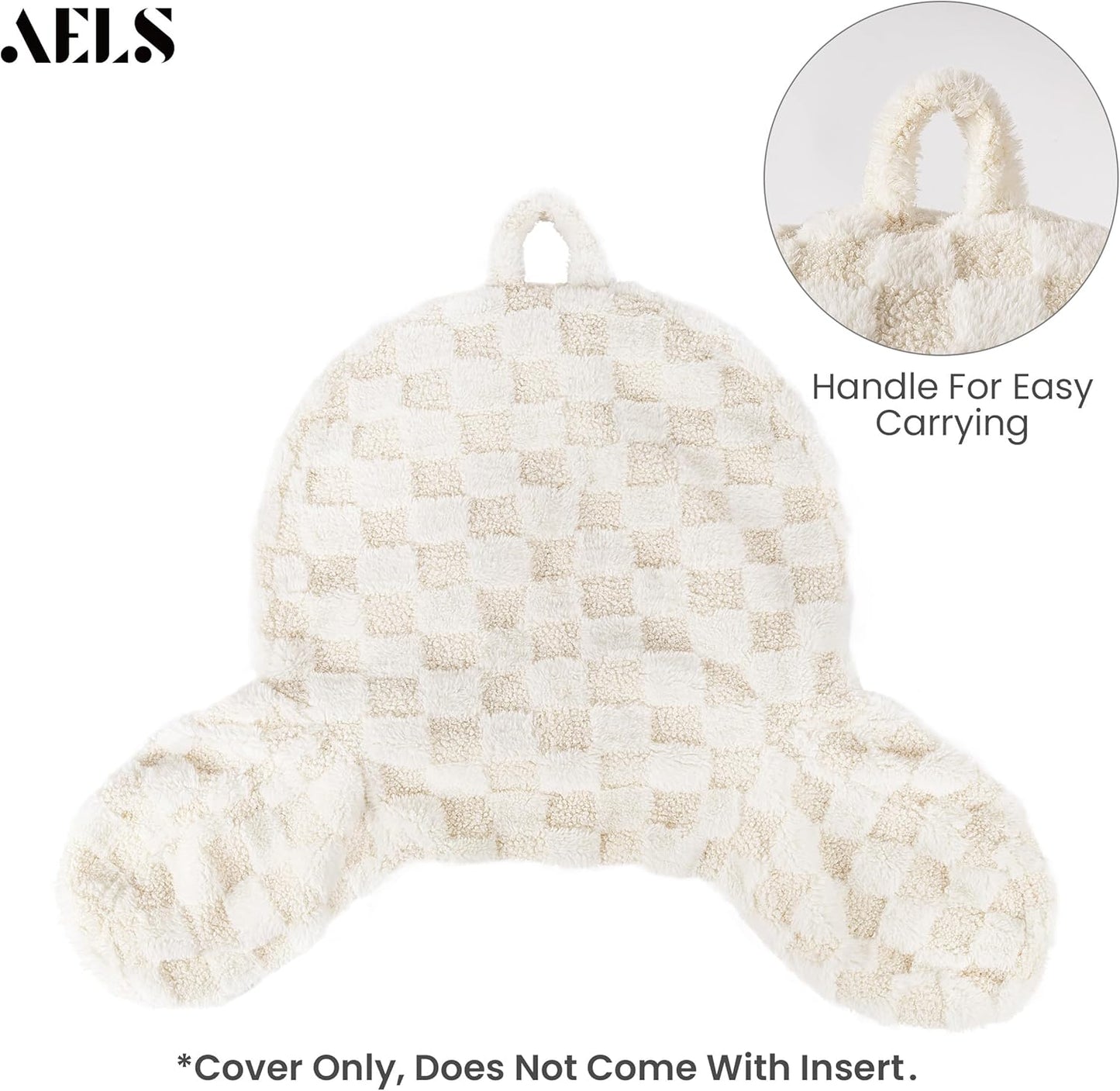 AELS Large Reading Pillow Replacement Cover with Arms and Pockets (Cover ONLY), 18" Soft Faux Fur Checkered Backrest Pillow Cover Fits Standard Size Reading Pillows, Beige