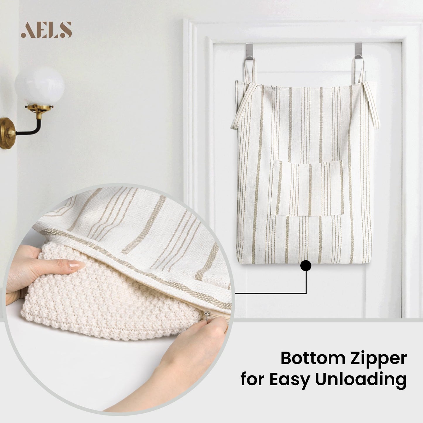 Farmhouse Hanging Laundry Hamper with 2 Hooks, Washable Beige & Stripes Laundry Bag with Zipper & Wide Open Top, Over the Door Organizer for Dirty Clothes, Space Saving Storage