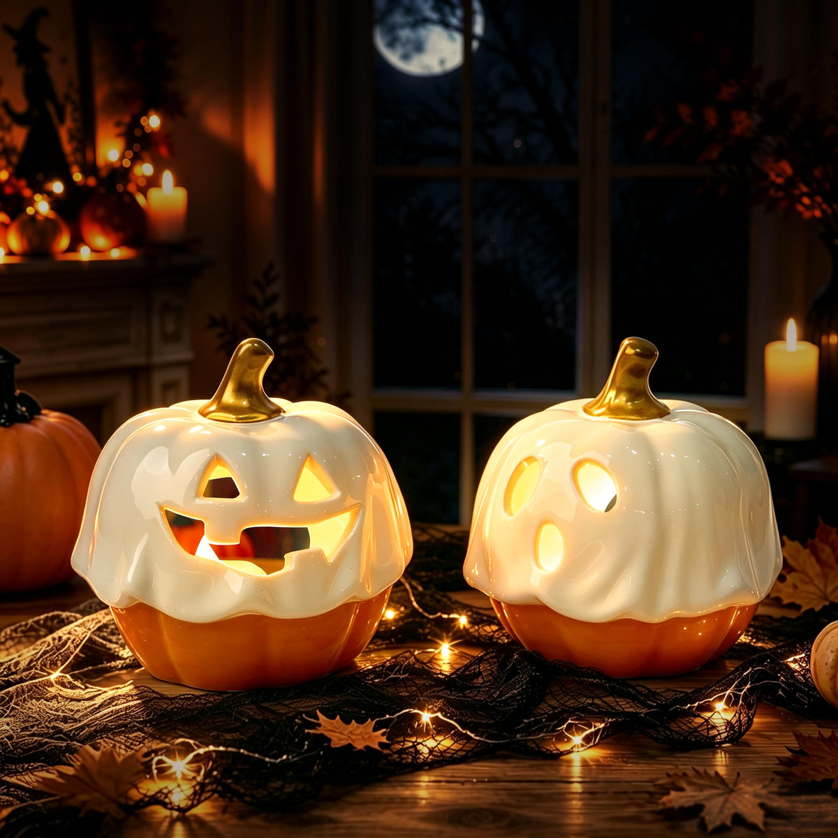 AELS Ceramic Ghost Candle Holder Set of 3, Halloween Tea Light Decor