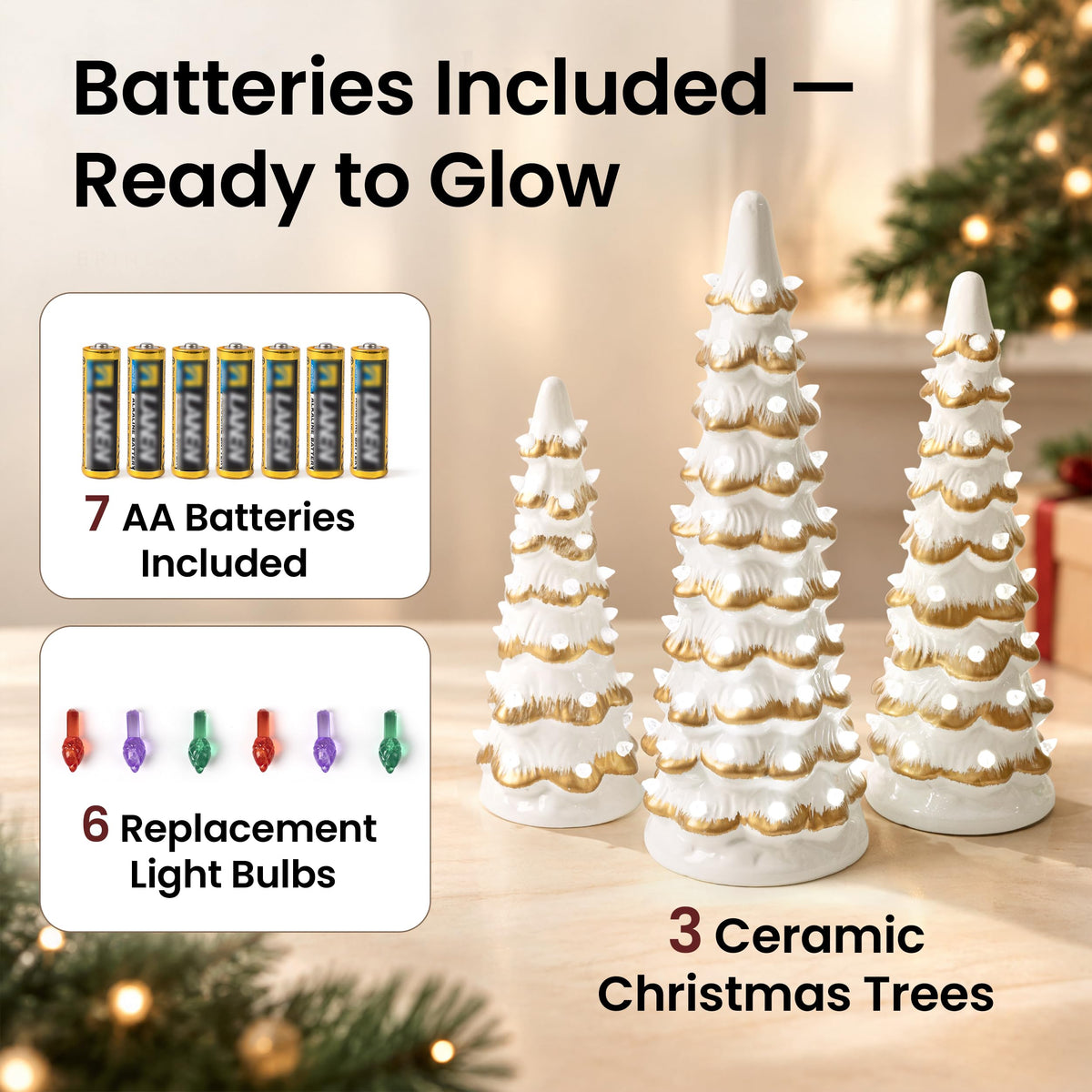 AELS Cordless Lighted Ceramic Christmas Tree Set of 3 Pre-Lit Green