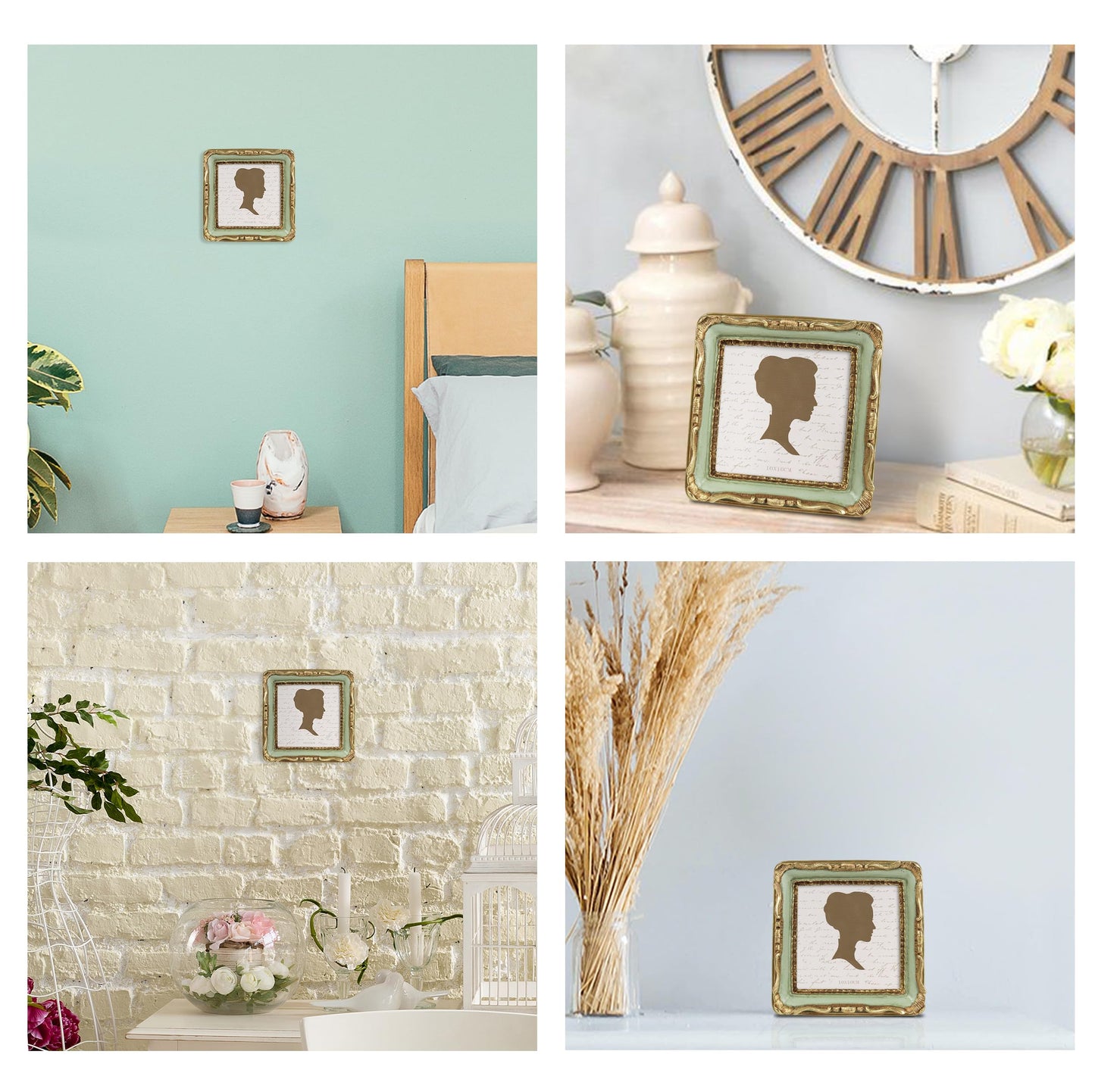 AELS 4x4 Inch Vintage Picture Frame, Elegant Antique Square Photo Frames with Glass Front, Photo Display, Tabletop Wall Hanging, Gift Ideas, Gold and Green