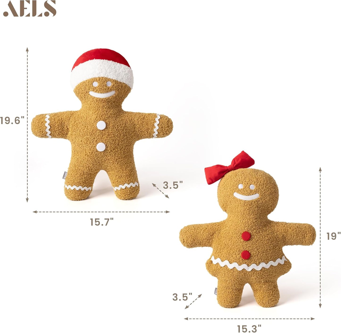 AELS Gingerbread Man Pillow Set of 2, 19" Christmas Decorative Throw Pillows, Gingerbread Boy & Girl Shaped Plush for Christmas, Living Room Bedroom Decoration
