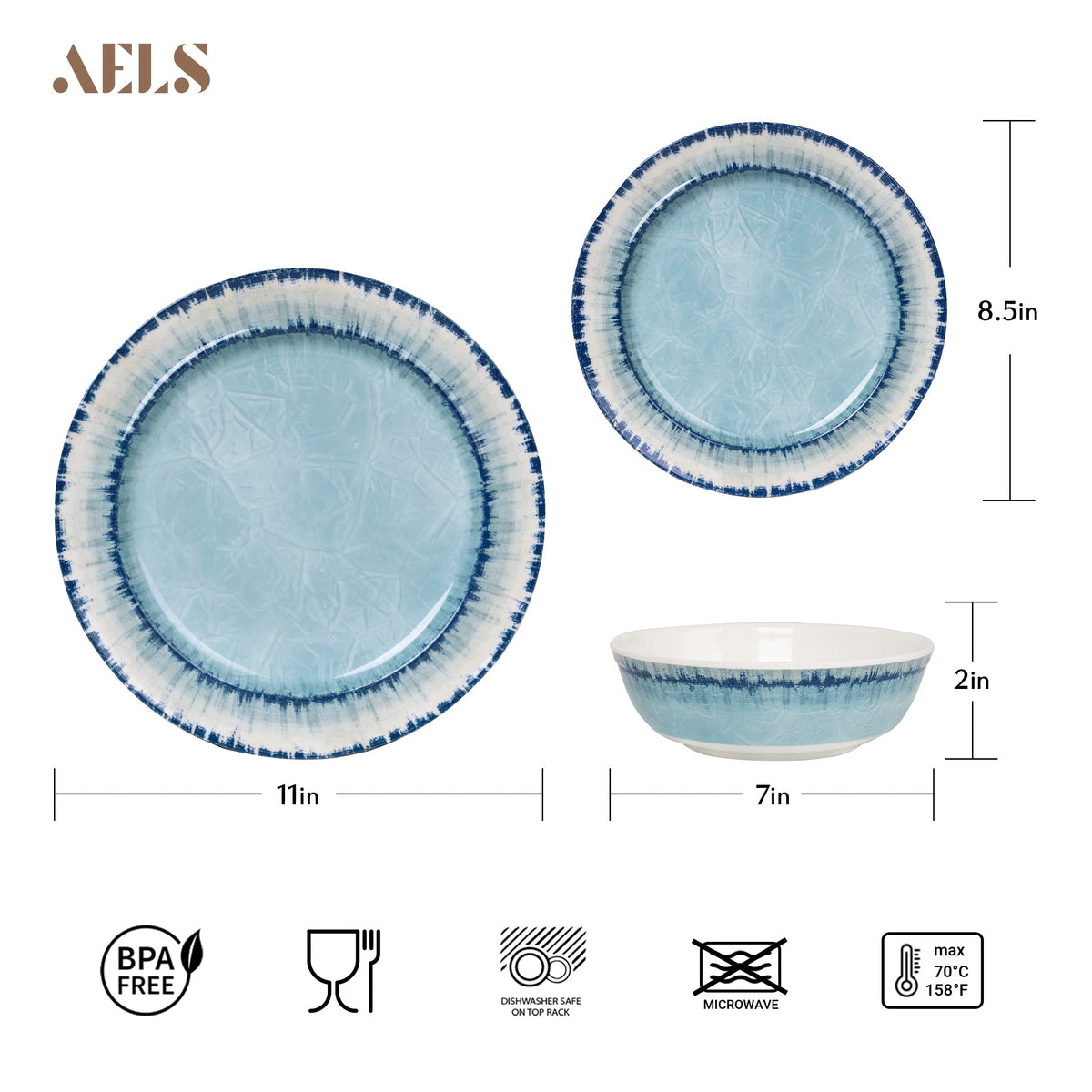 AELS Melamine Dinnerware Set of 18 Pcs Dinner Dishes Set, Lightweight Unbreakable for Indoor and Outdoor Use, BPA Free, Dishwasher Safe, Light Blue