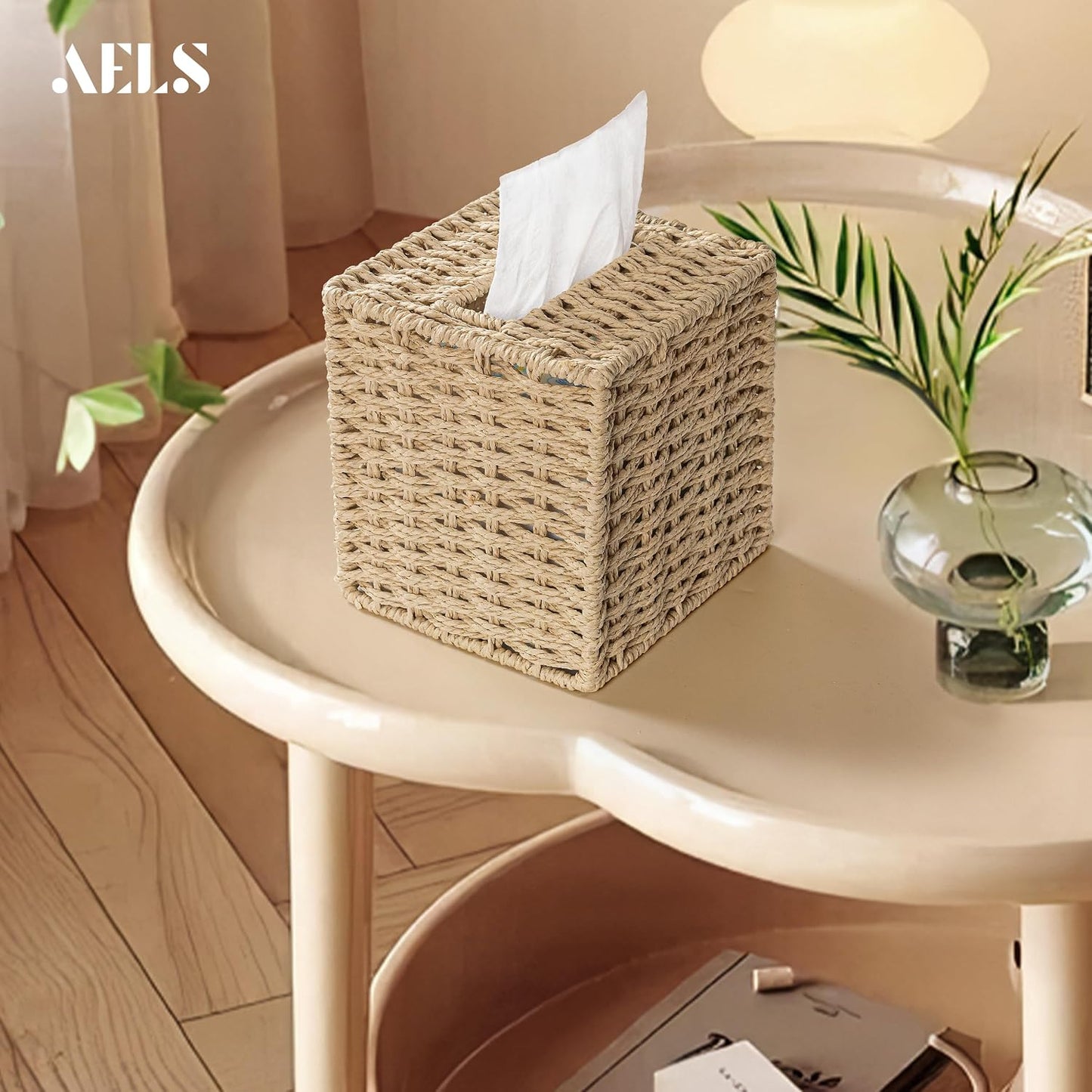 Farmhouse Tissue Box Cover Square, Hand Woven Strawpaper Facial Tissue Paper Holder, Cute Tissue Box Holder Square, Boho Bathroom Decor Box for Tissues Cube Box w/Elastic Bottom, Beige