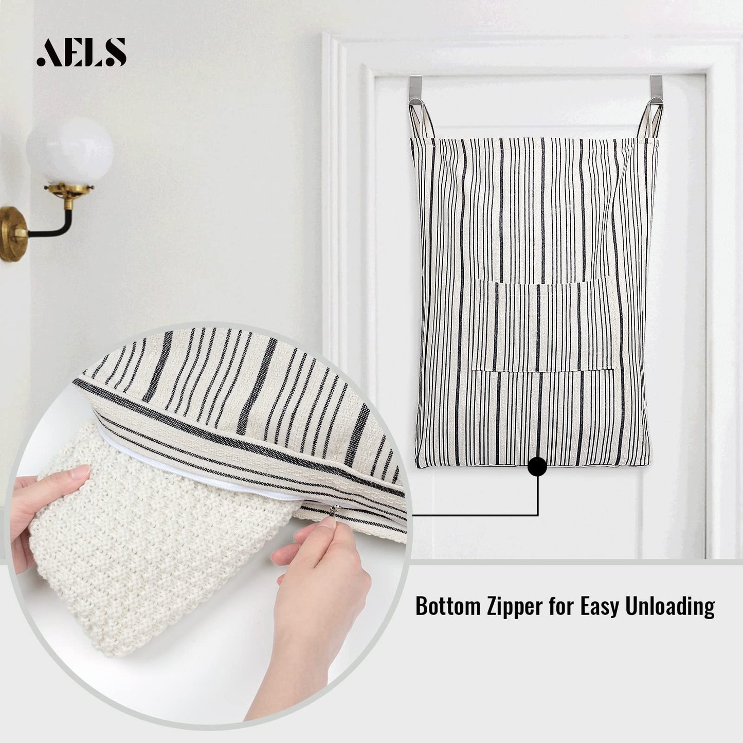 Farmhouse Hanging Laundry Hamper with 2 Hooks, Washable Beige & Stripes Laundry Bag with Zipper & Wide Open Top, Over the Door Organizer for Dirty Clothes, Space Saving Storage