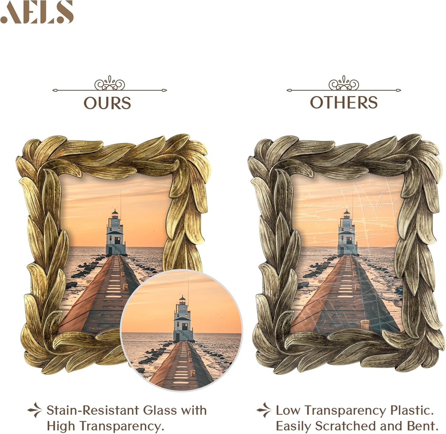 AELS 5x7 Inch Vintage Leaf Picture Frame, Elegant Antique Photo Frames with Glass Front, Photo Display, Tabletop Wall Hanging, Gift Ideas, Golden Bronze
