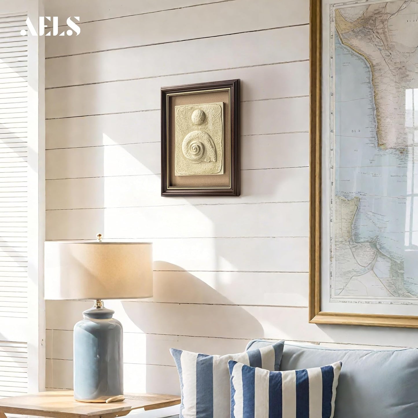 AELS Handmade Modern Nautical Framed Wall Decor, 11" x 14" 3D Ocean Theme Wall Art, Organic Textured Conch Shell Decor, Coastal Wall Art Sculpture, Modern Rustic Home Decor Office, Natural